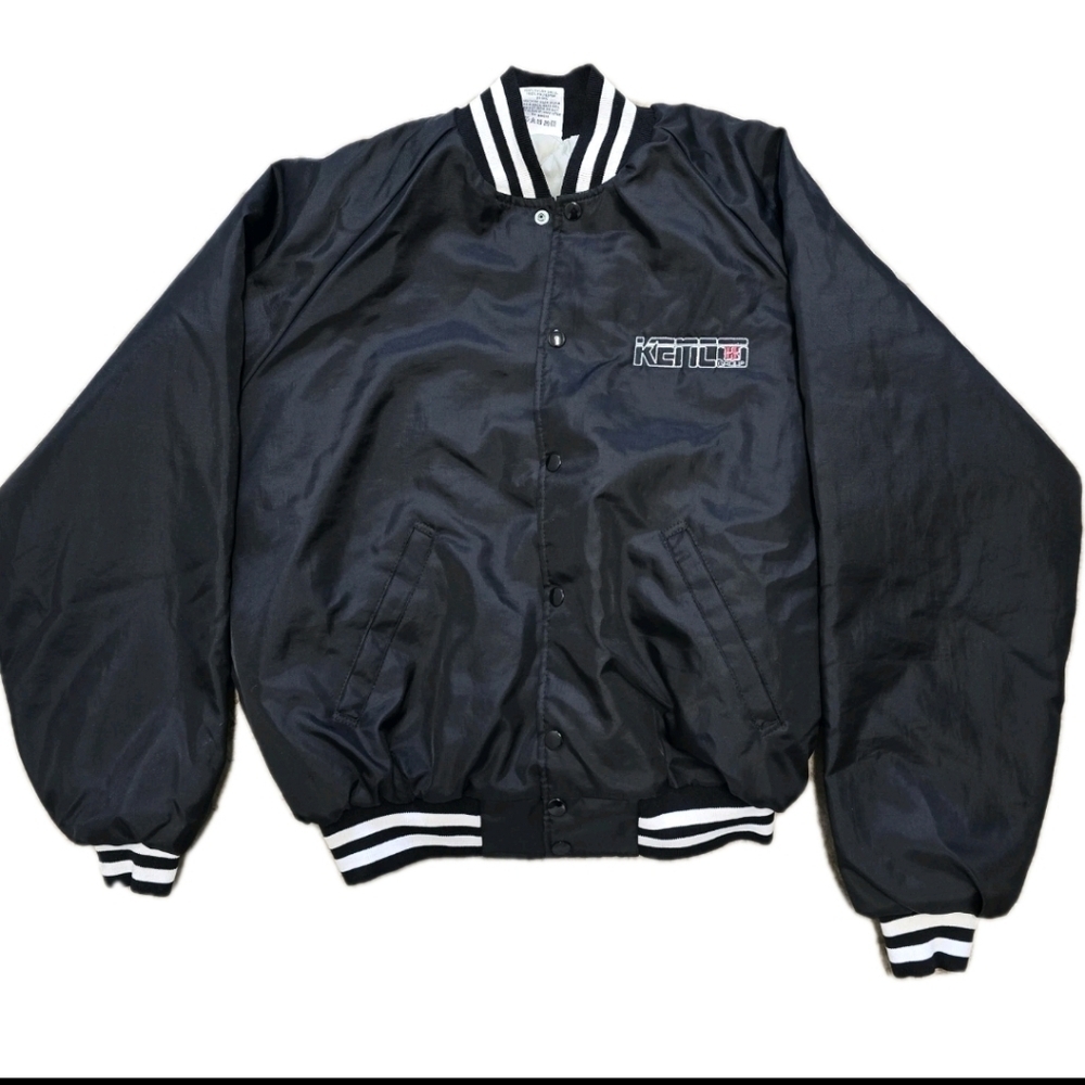 Vintage Bomber Jacket Mens Large Black White Stripe Satin Bomber 80s Kenco Grp
